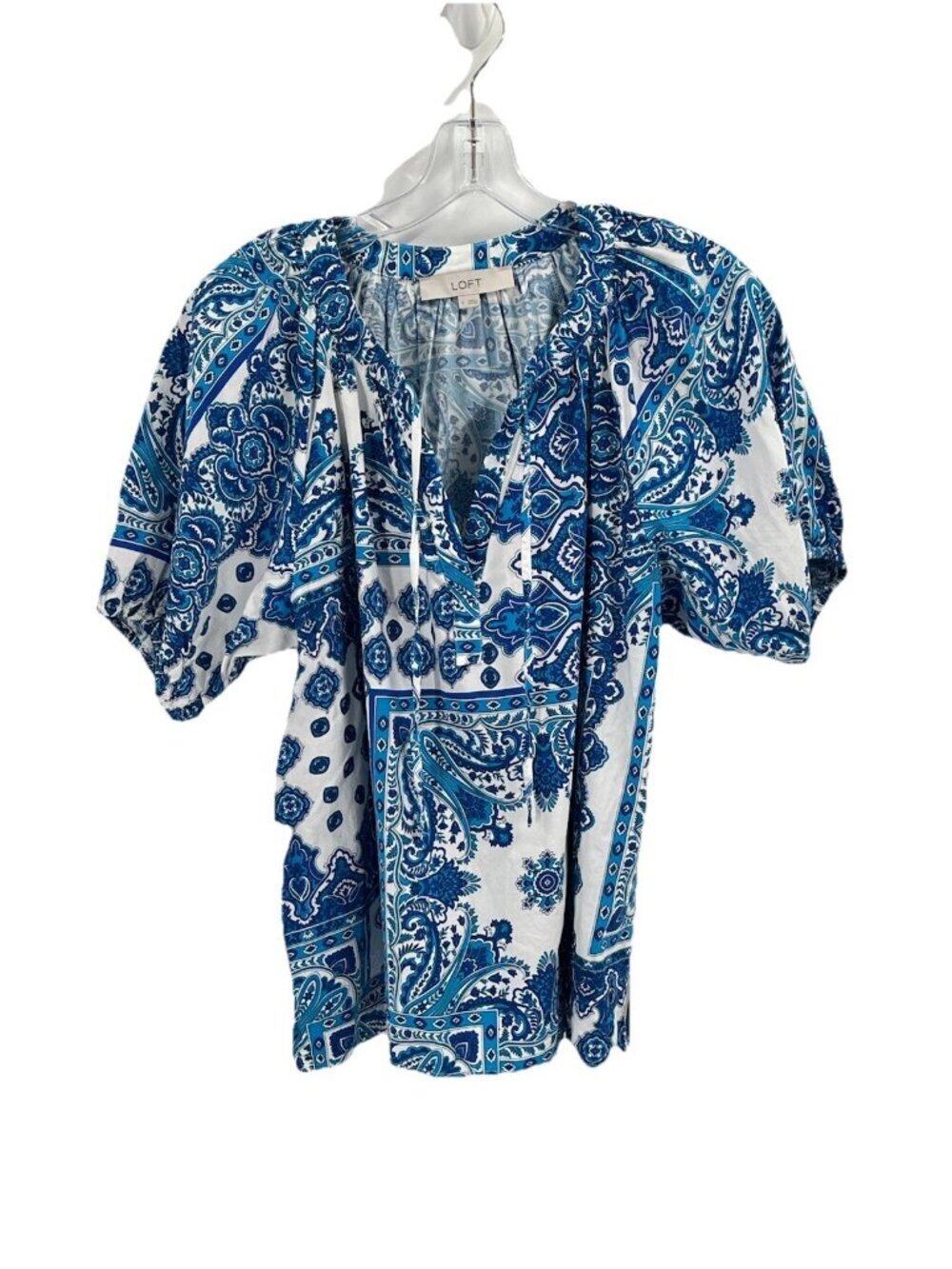 Loft Blue Print Short Sleeve Top Coastal Grandma Beachy Sz Small